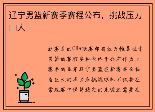 辽宁男篮新赛季赛程公布，挑战压力山大